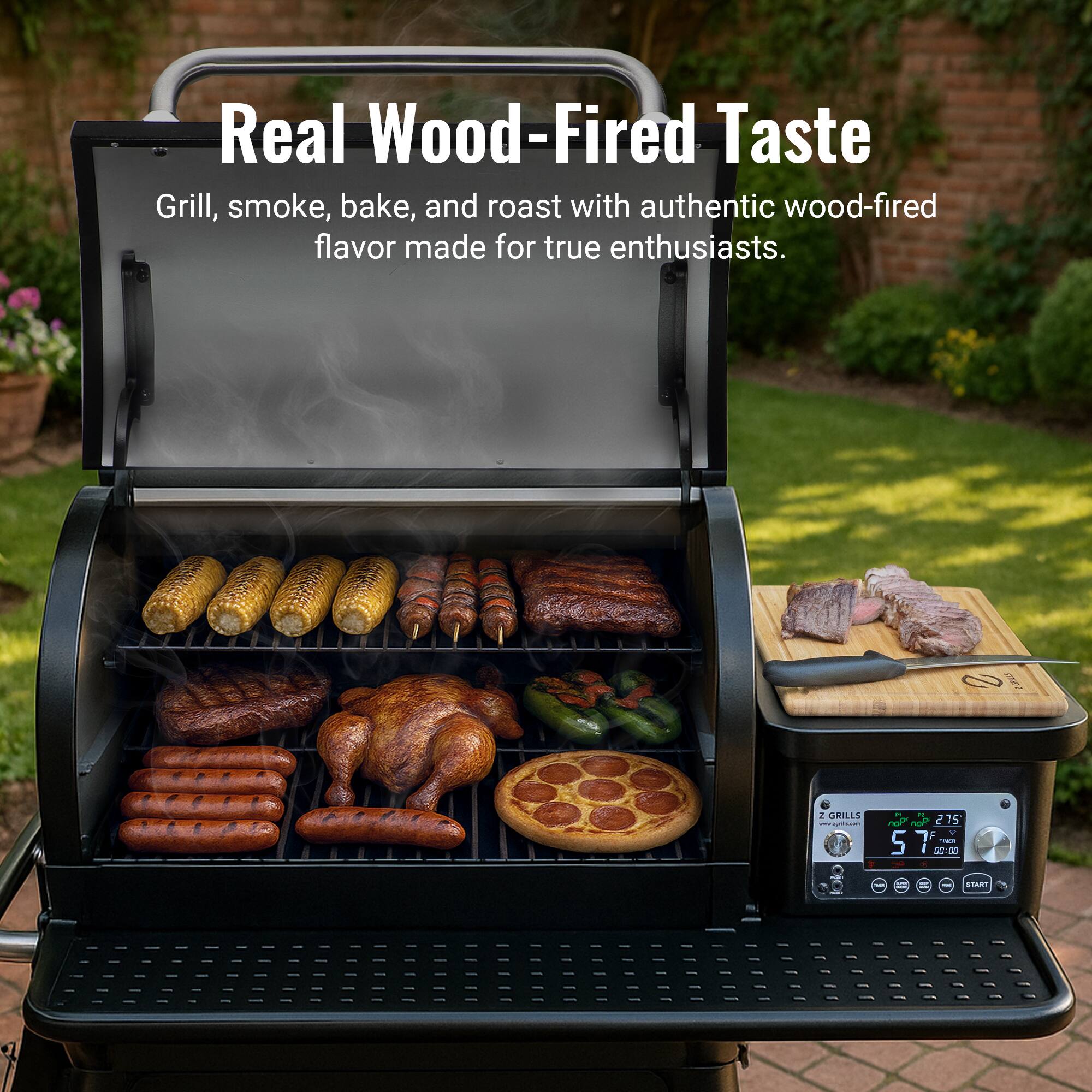 Real Wood-Fired Taste Grill, smoke, bake, and roast with authentic wood-fired flavor made for true enthusiasts. 1 RIEES  PeP 215 57 5 i C START