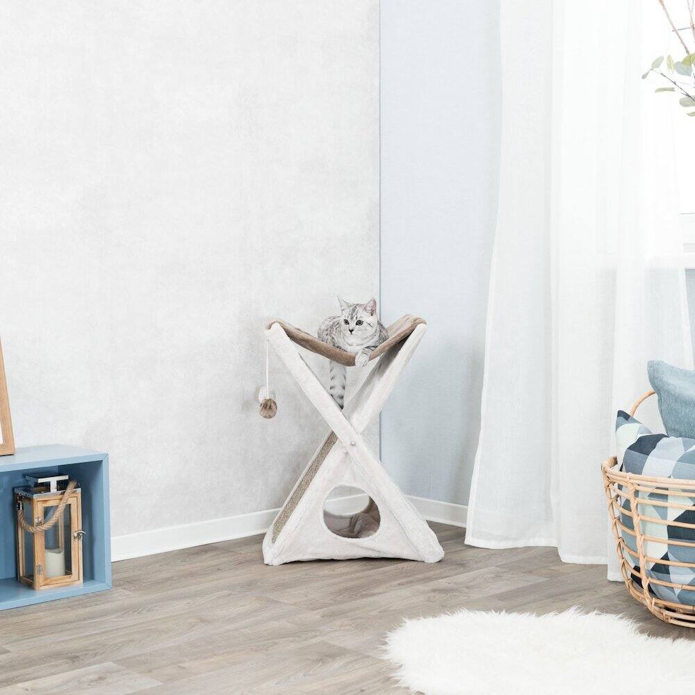 Left. TRIXIE - Miguel Fold & Store Plush & Sisal Cat Tree, Hammock, Condo, Scratcher - Greige.