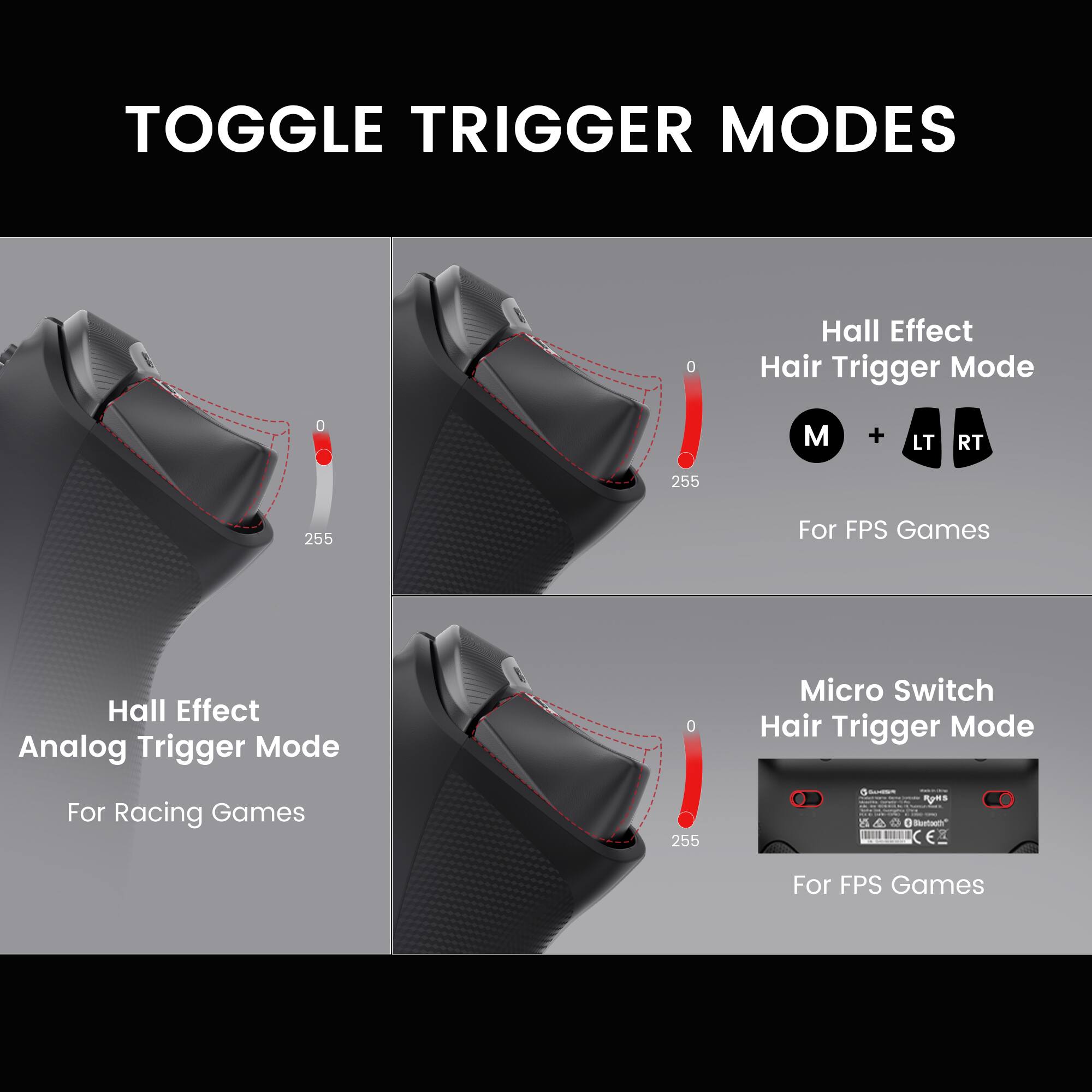 TOGGLE TRIGGER MODES:
1. Hall Effect Hair Trigger Mode:
- Micro Switch Hair Trigger Mode for Racing Games: 255
- M + LT RT: 255
- For FPS Games: 255
2. Analog Trigger Mode:
- Hall Effect Analog Trigger Mode for FPS Games: 255
- Micro Switch Hair Trigger Mode for Racing Games: 255
- For FPS Games: 255