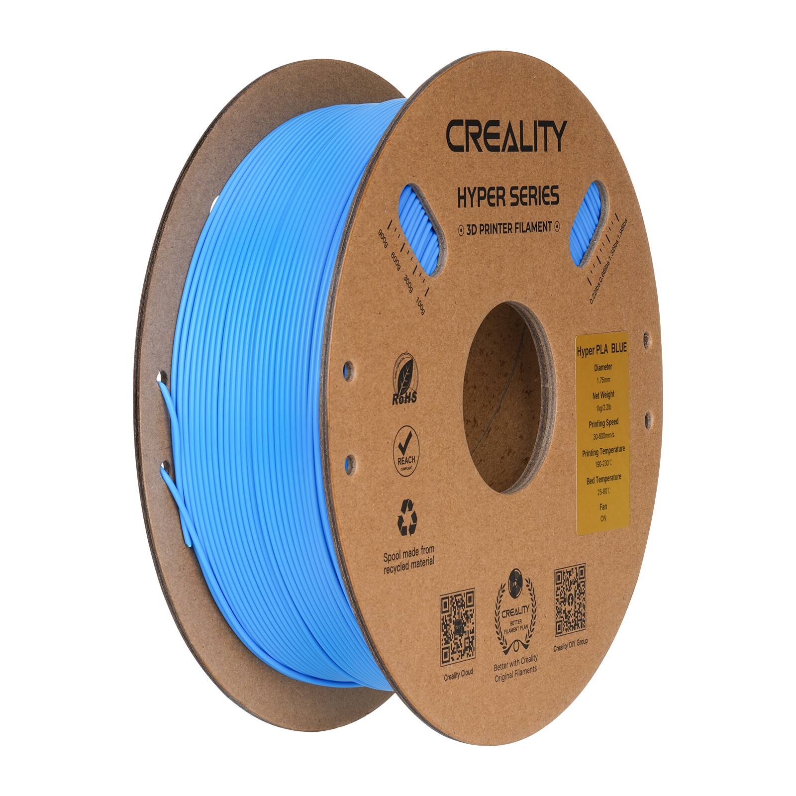 CREALITY . 1 DOOL  DOOL GOOL HYPER SERIES 30 PRINTER FILAMENT : n PORF ceare RGHS REACH - Hyper PLA BLUE Dumeler 2m Dr Reght %2 Ponding Spend 2-80ml Proding Terperature S Sed Temperature 2E fat OE made fron Spool material recycled Dnaihy Douc CREBUTY e SLAGT N ath Ceality Retar Flamments Drignal 2 2n Celty
