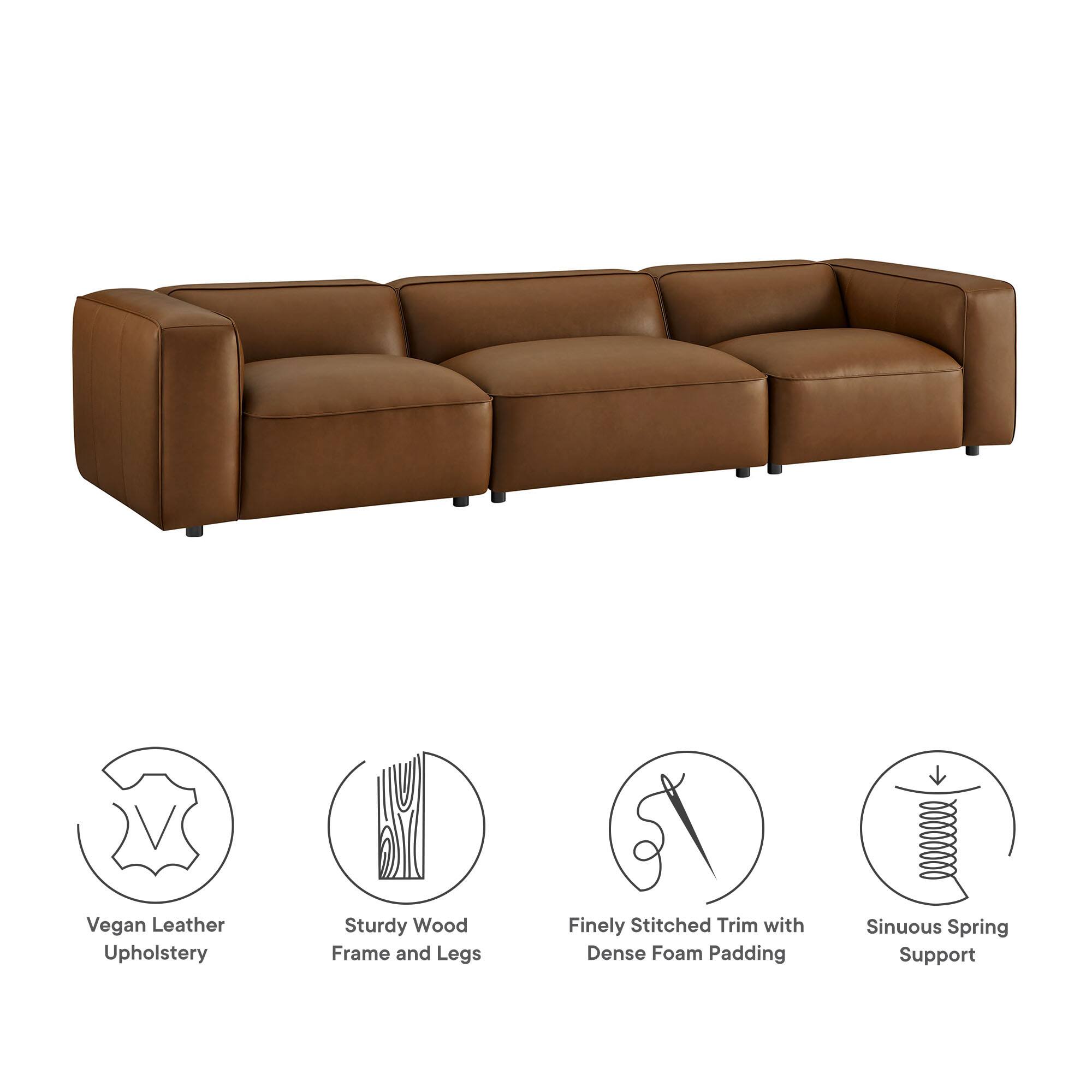 - Vegan Leather Upholstery
- Sturdy Wood Frame and Legs
- Finely Stitched Trim with Dense Foam Padding
- Sinuous Spring Support