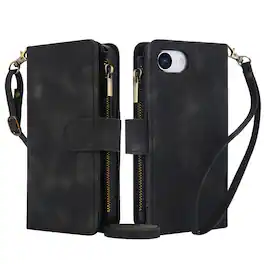 Dteck - RFID Blocking Zipper Wallet Pocket 9 Cards For Apple iPhone 16e/17e PU Leather Stand Crossbody Strap Cover - Black