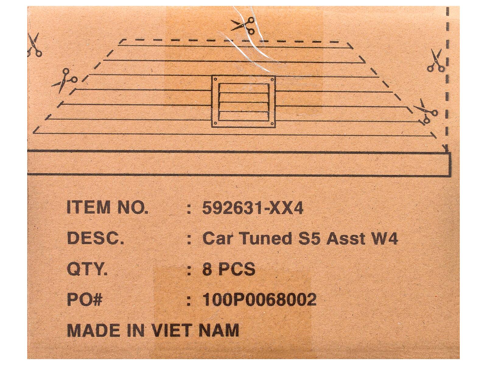 - ITEM NO.: 592631-XX4
- DESC.: Car Tuned S5 Asst W4
- QTY.: 8 PCS
- PO#: 100P0068002
- MADE IN VIET NAM