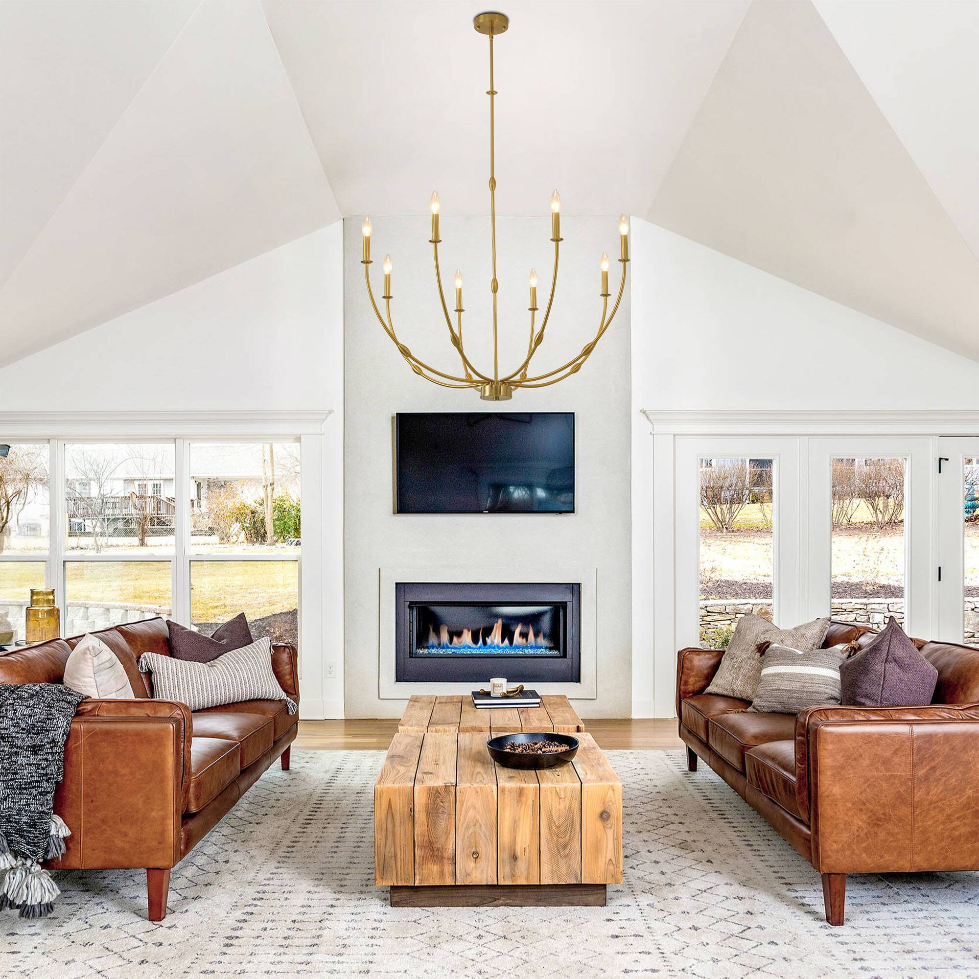 Left. RYHNUYNE - 8-Light Gold Chandelier Light Fixture, Industrial Candle Chandelier for Dining Room, Large Chandeliers for High Ceilings - Gold.