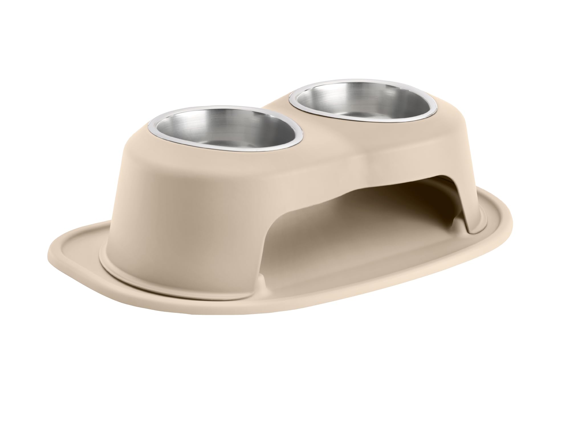 Front. WeatherTech - Double High Pet Feeding System | Elevated Pet Bowls - 6 " High Tan - 32oz (4 Cup) Stainless Steel Bowls - Tan.