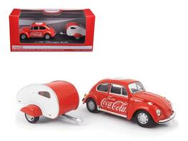 Motorcity Classics - 1967 Volkswagen Beetle with Teardrop Travel Trailer and White Coca-Cola 1/43 Diecast Model Car - Red