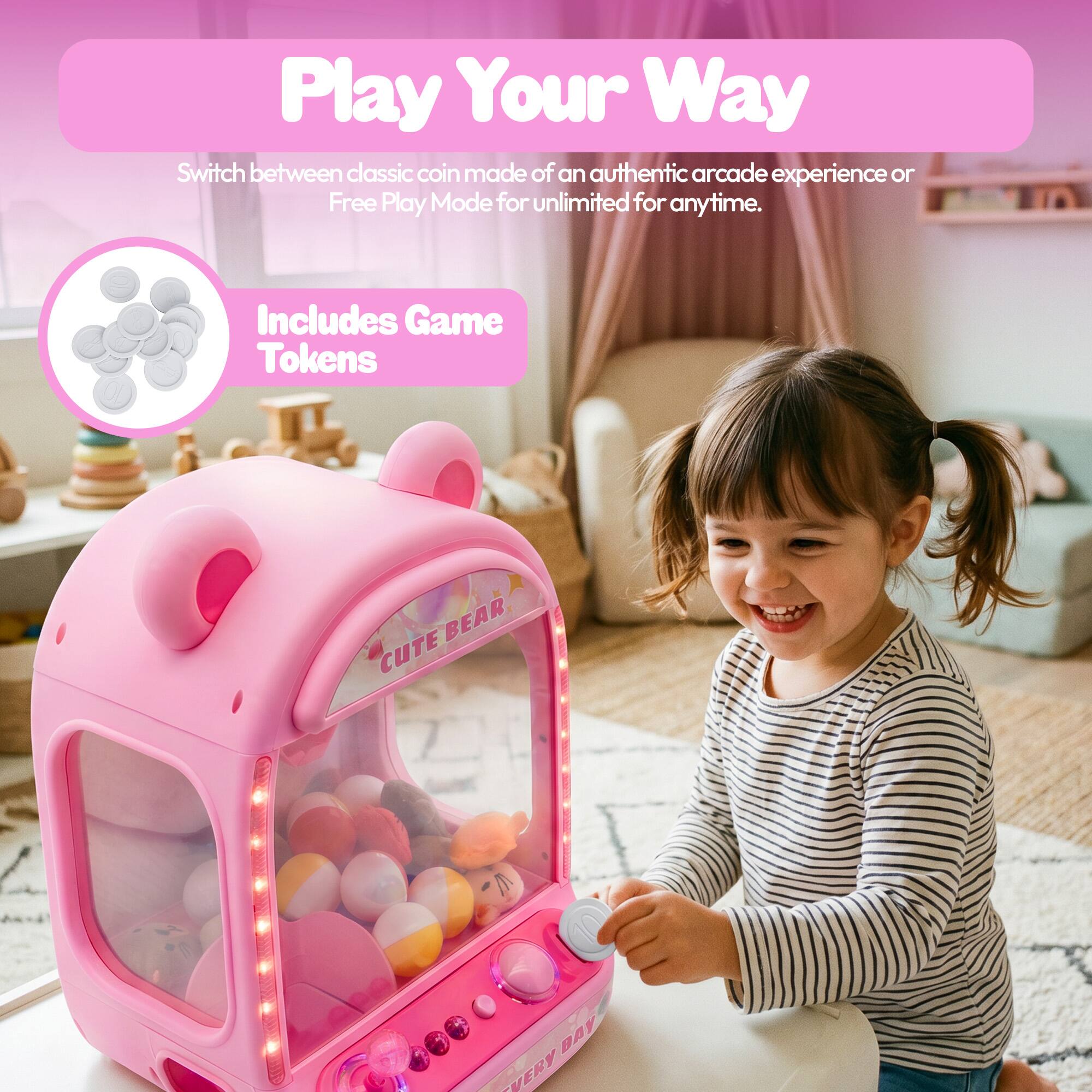 Play Your Way  
Switch between classic coin made of an authentic arcade experience or Free Play Mode for unlimited for anytime.  
Includes Game Tokens  

BEAR CUTE DAY