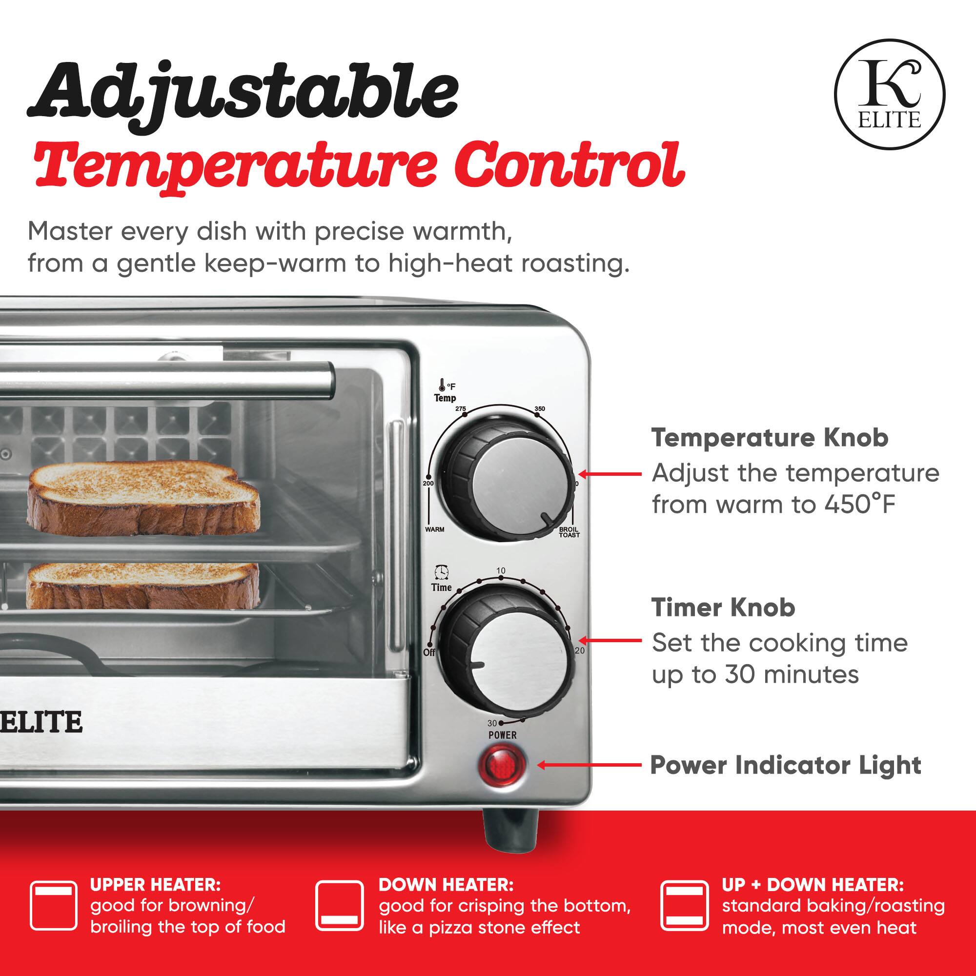 Adjustable Temperature Control

Master every dish with precise warmth, from a gentle keep-warm to high-heat roasting.

ELITE

Temperature Knob
Adjust the temperature from warm to 450°F

Timer Knob
Set the cooking time up to 30 minutes

Power Indicator Light

UPPER HEATER:
good for browning/ broiling the top of food

DOWN HEATER:
good for crisping the bottom, like a pizza stone effect

UP + DOWN HEATER:
standard baking/roasting mode, most even heat