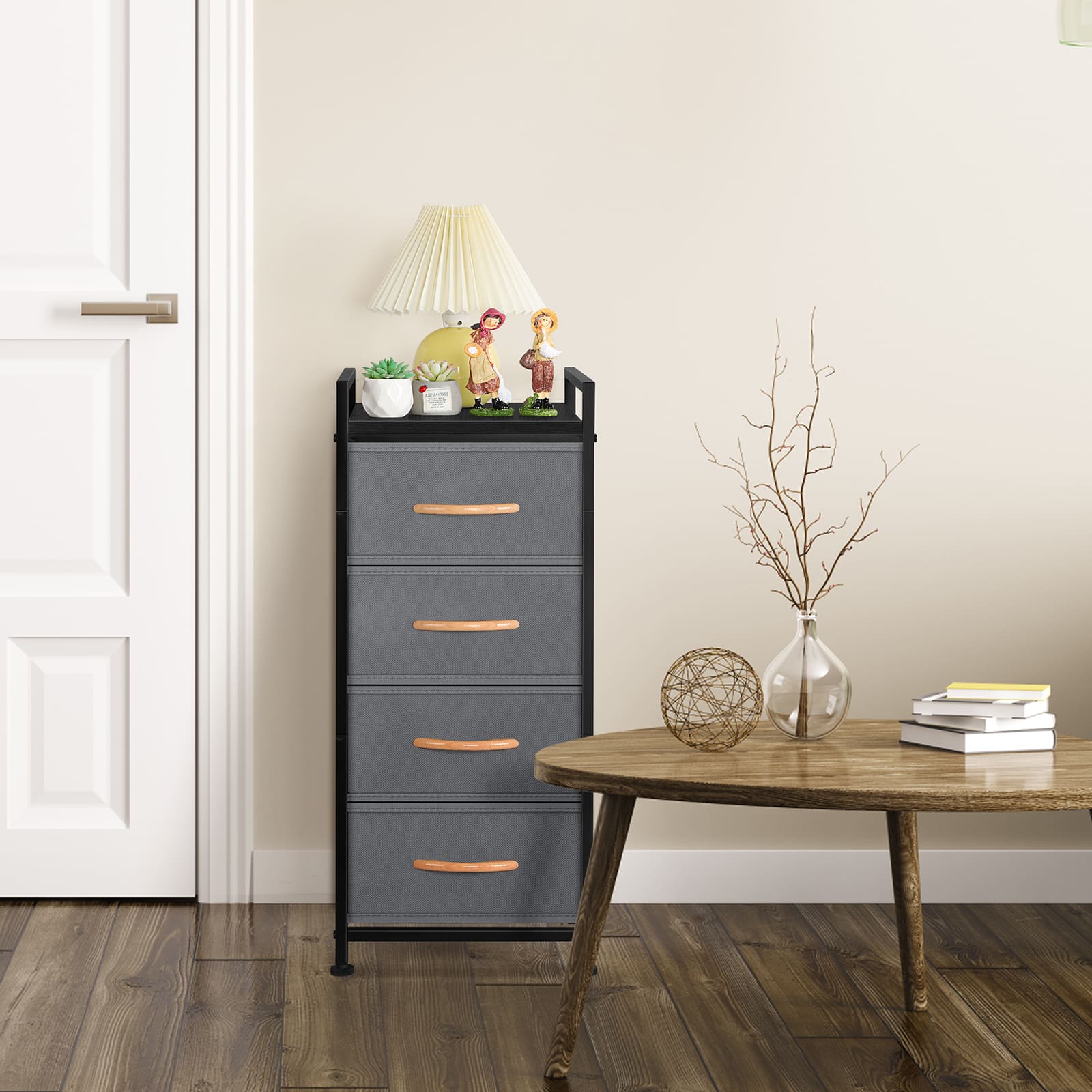 Oumilen - 4-Drawer Rolling Fabric Storage Cart with Wood Top & Drawers - Gray