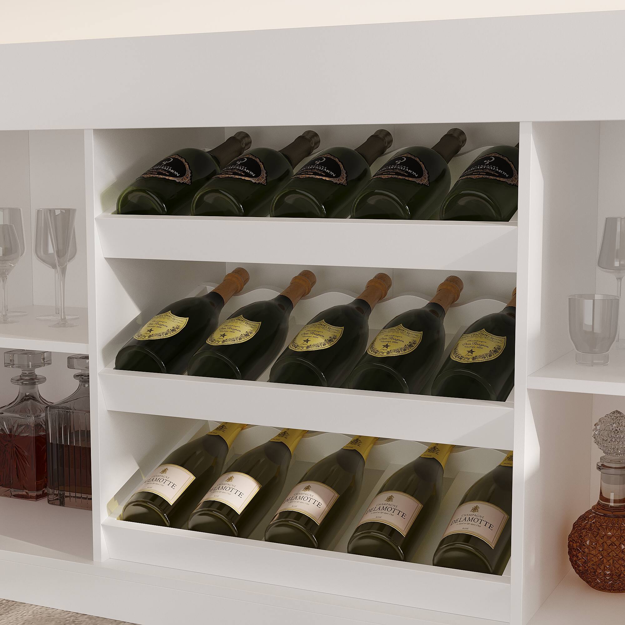 The image shows a white shelf with a variety of wine bottles displayed. There are a total of 11 wine bottles, each with different shapes, sizes, and labels. The bottles are arranged in a visually appealing manner, showcasing the variety of wines available. The shelf is likely part of a wine cellar or a store, where customers can browse and select their preferred wine.