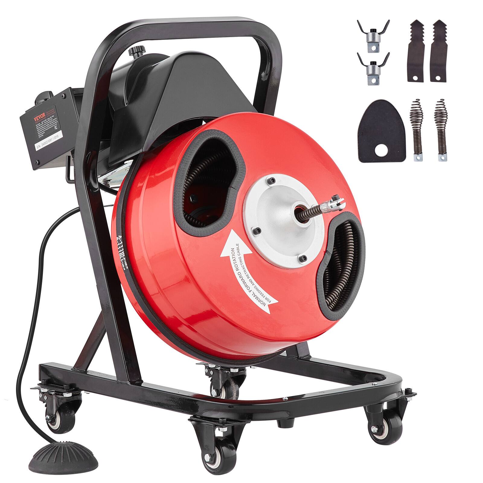 VEVOR - Drain Cleaner Machine 50FTx1/2in,Manual Feed Sewer Snake Auger-with Wheels, Air-activated Foot Switch for 2" to 4" Pipes - Red