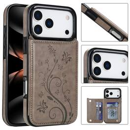 Dteck - For Apple iPhone 17 Pro Wallet Case Flower Embossed Pattern PU Leather Card Slots Flip Kickstand Shockproof Cover - Gray