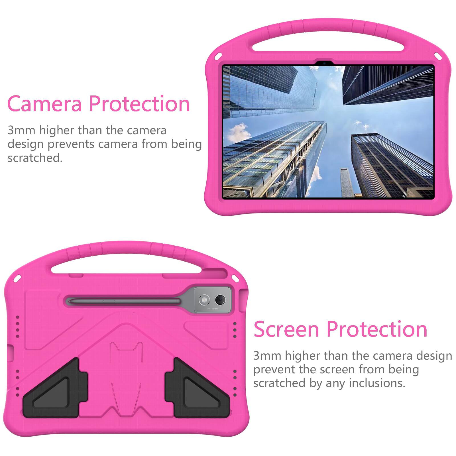 Camera Protection  
3mm higher than the camera design prevents camera from being scratched.  

Screen Protection  
3mm higher than the camera design prevent the screen from being scratched by any inclusions.