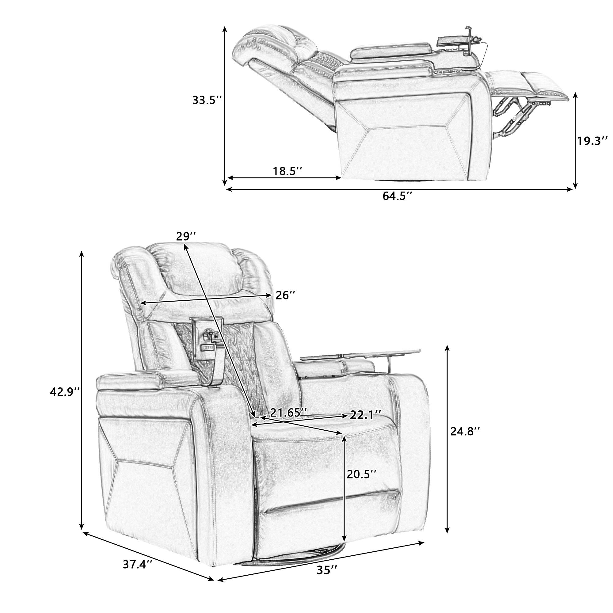 Here are the corrected measurements grouped by the image:

- **Top View:**
  - Width: 64.5"
  - Height: 19.3"
  - Depth: 18.5"
  - Armrest Height: 33.5"

- **Side View:**
  - Height: 42.9"
  - Depth: 37.4"
  - Seat Height: 29"
  - Seat Depth: 26"
  - Back Height: 24.8"
  - Armrest Width: 22.1"
  - Seat Width: 20.5"
  - Footrest Height: 21.65"
  - Footrest Width: 35"