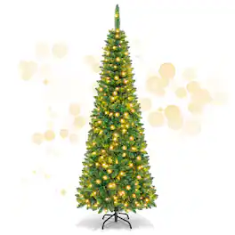 Gymax - 6.5ft Pre-Lit Pencil Christmas Tree Traditional Indoor Decoration - Green