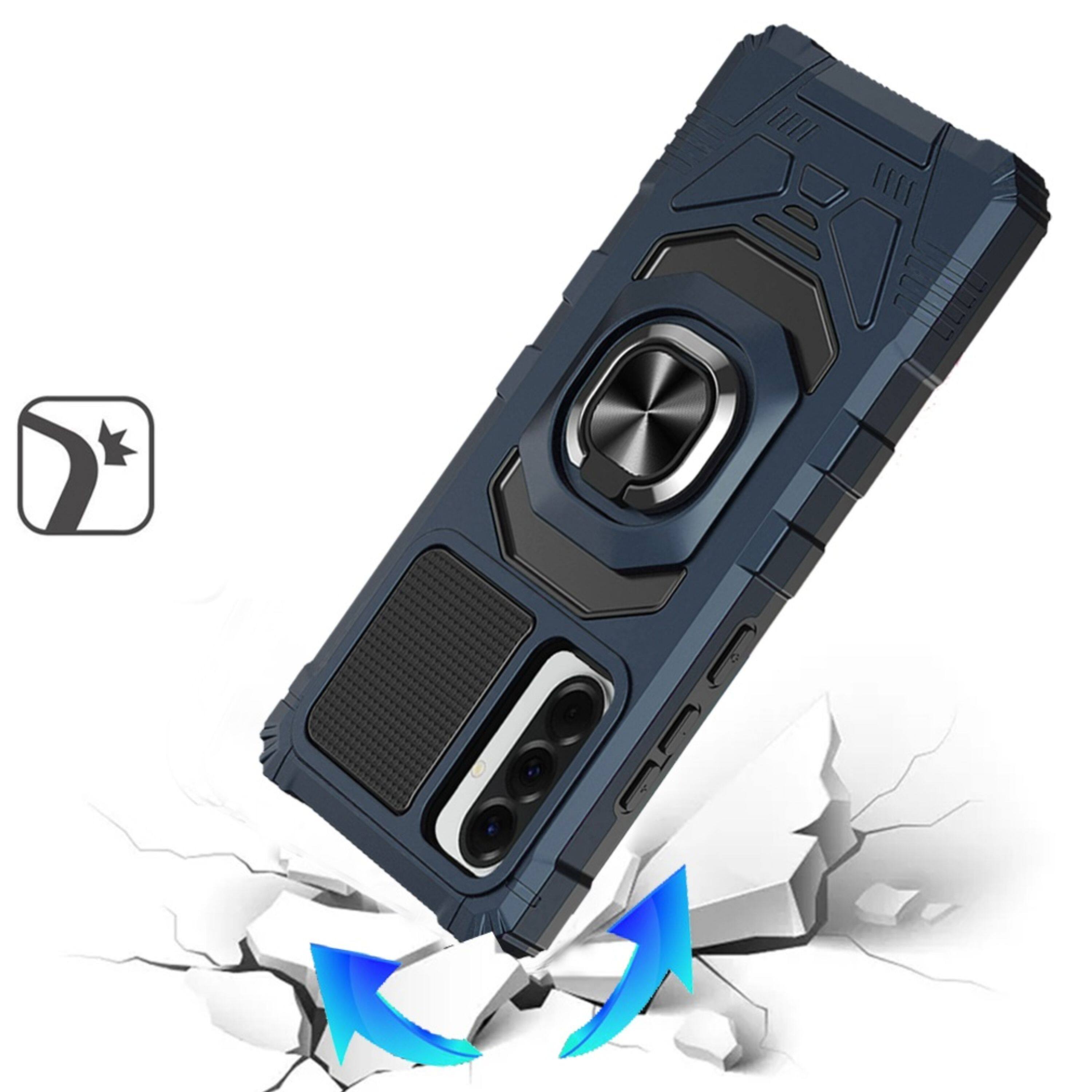 Left. Kitcheniva - Shockproof Dual Layer Ring Stand Phone Case With Tempered Glass For Samsung Galaxy A37 5G Dark Blue - Dark Blue.