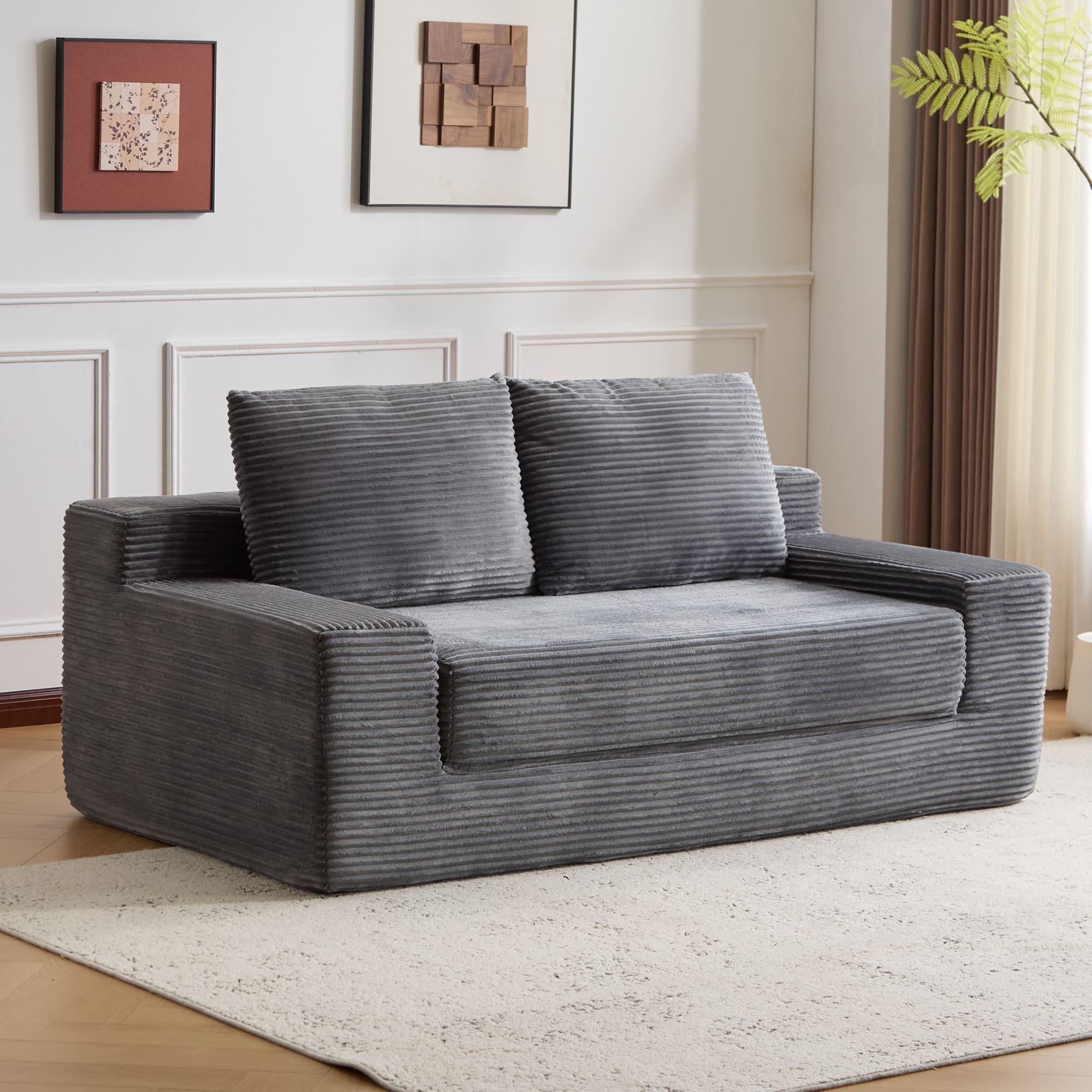 Anysun - Loveseat Sofa Bed - Deep-Seat Corduroy Couch with Reversible Cushion & Pillows, No Assembly - Light Gray