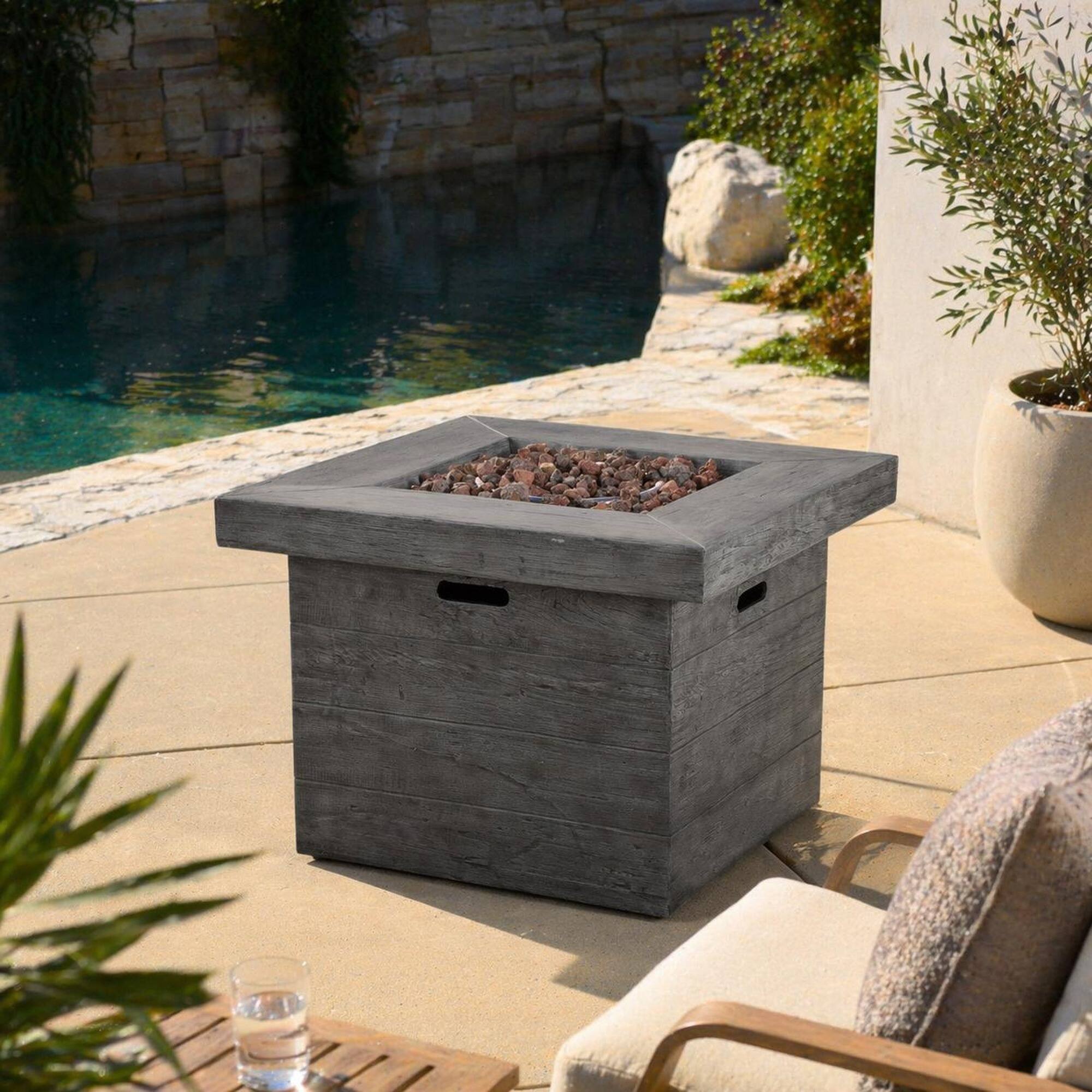 Back. RYHNUYNE - 32" Square MGO Fire Pit – 40,000 BTU Wood-Burning Outdoor Fireplace in Grey Finish for Patio, Backyard, Garden - Grey.