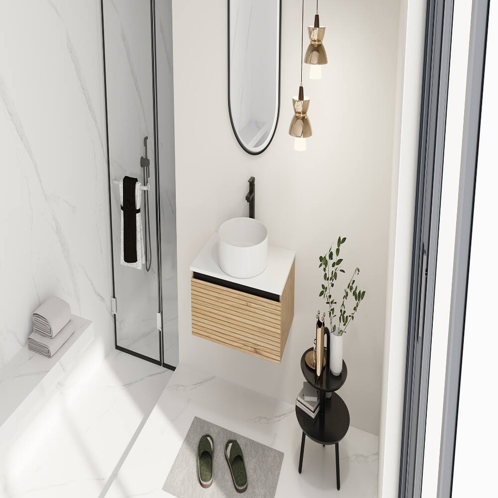 Alt View 6. Loheer - Loheer 30 inch wall mounted bathroom vanity with white art ceramic sink and soft close drawer - Light Coffee.