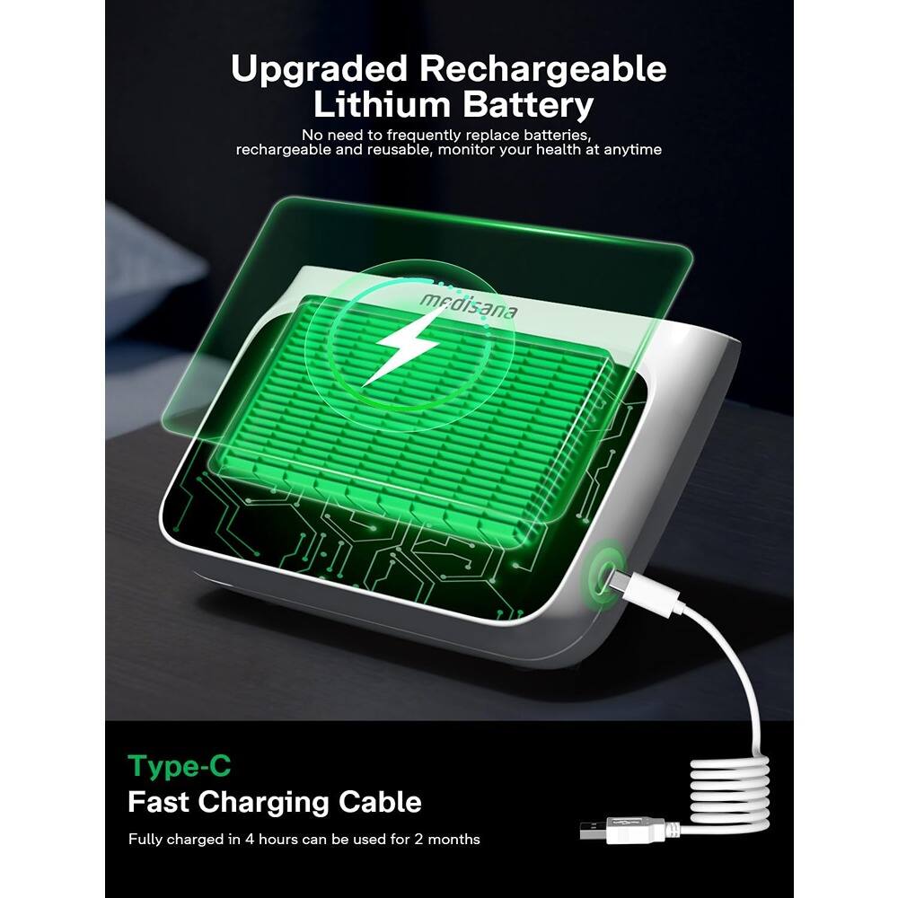 Upgraded Rechargeable Lithium Battery  
No need to frequently replace batteries, rechargeable and reusable, monitor your health at anytime  

Type-C Fast Charging Cable  
Fully charged in 4 hours can be used for 2 months