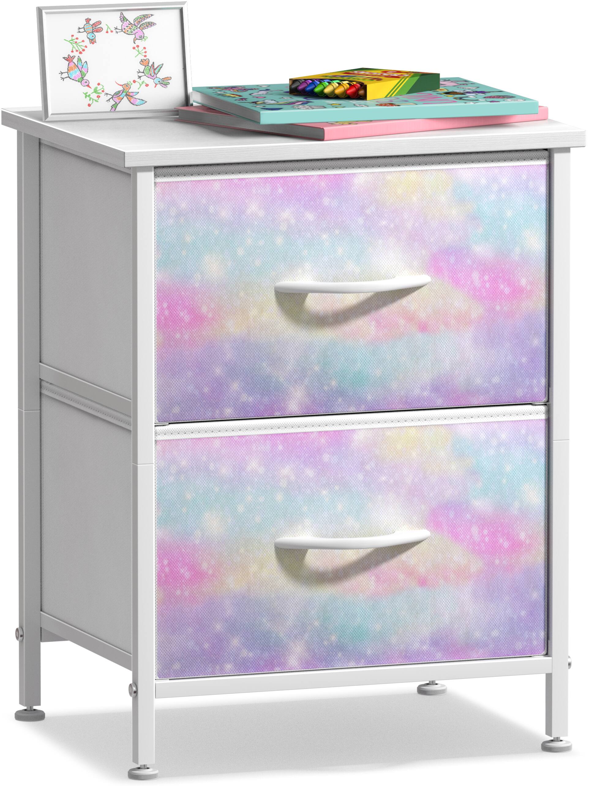 Front. Sorbus - Sorbus Nightstand with 2 Drawers, Kids Bedside Furniture End Table Night Stand, Steel Frame, Wood Top & Fabric Bins - Rainbow Sparkle Tie-Dye.