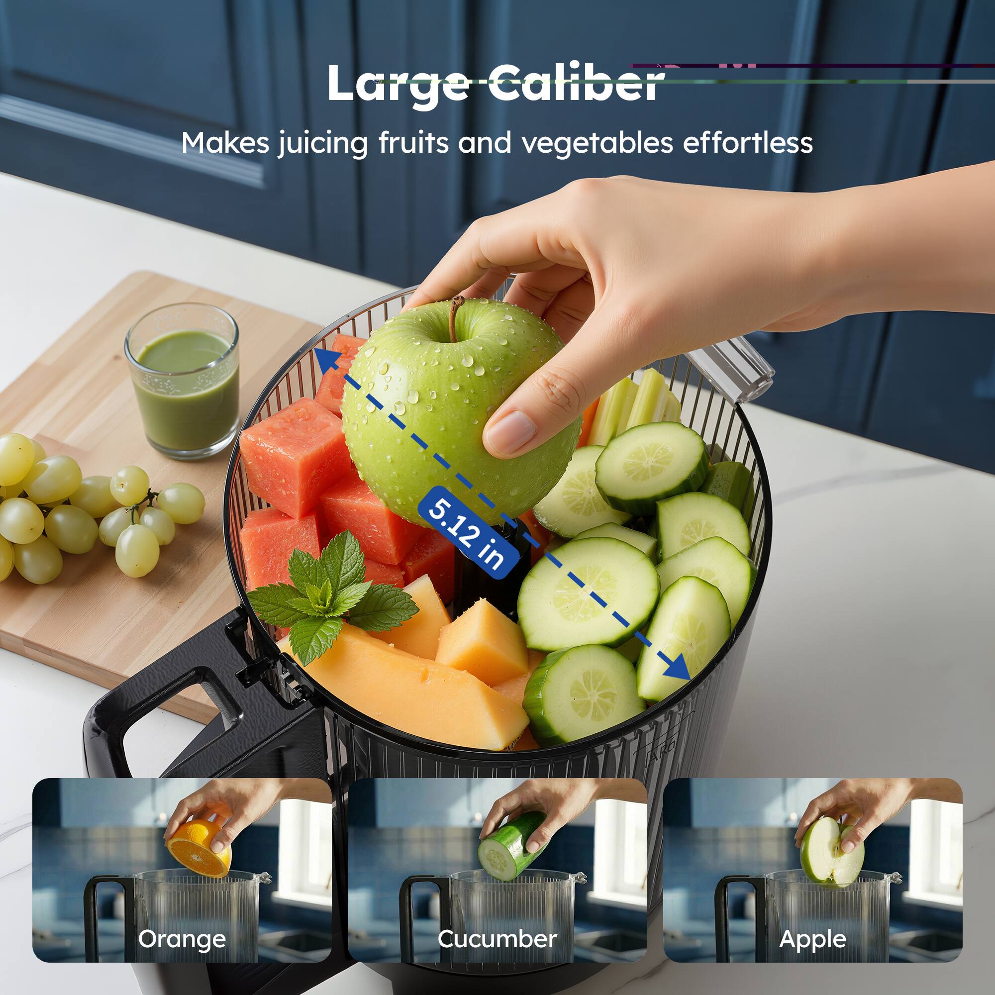 Large-Caliber Makes juicing fruits and vegetables effortless 5.12 in Orange Cucumber Apple