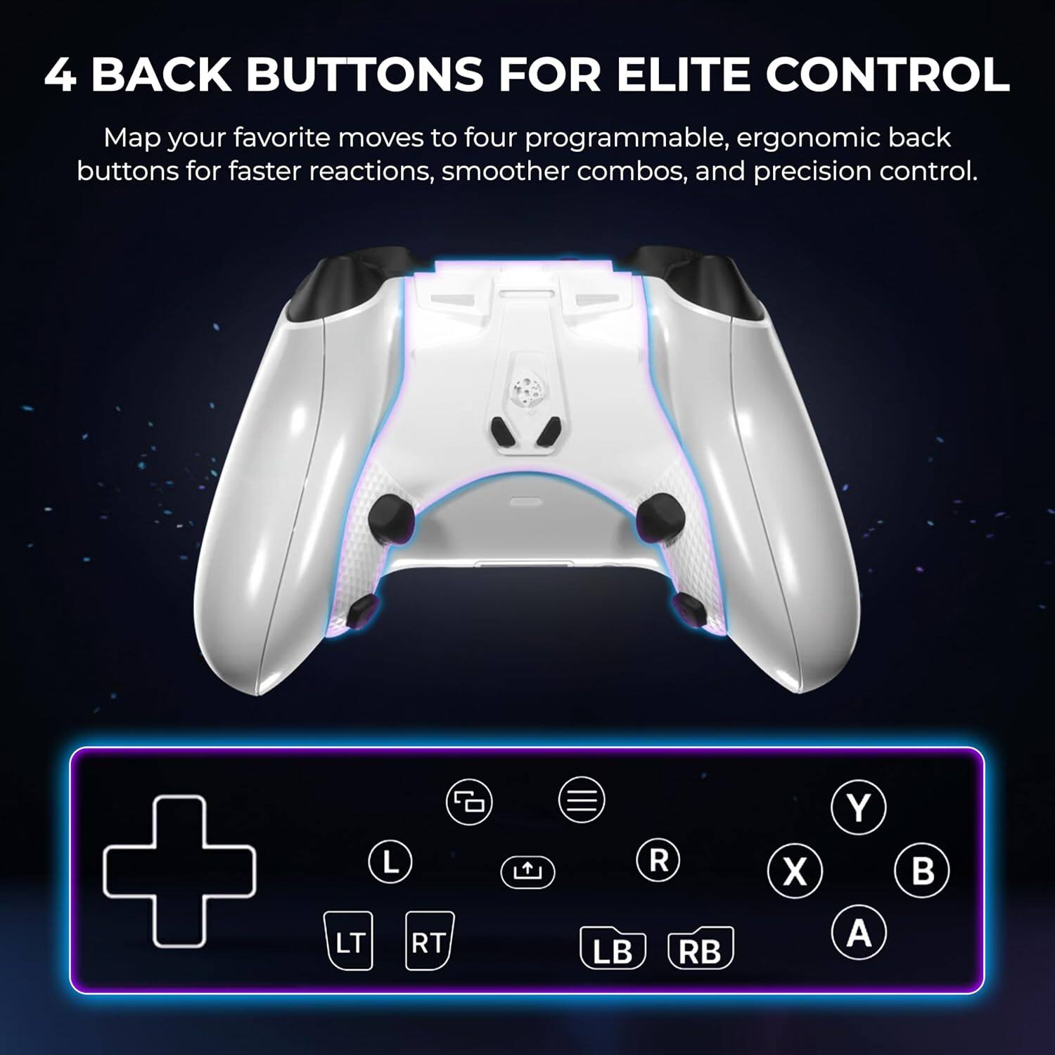 4 BACK BUTTONS FOR ELITE CONTROL

Map your favorite moves to four programmable, ergonomic back buttons for faster reactions, smoother combos, and precision control.

L
X
Y

LT
RT
LB
RB
A