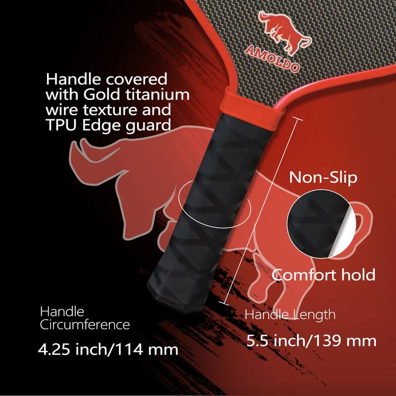 Handle covered with Gold titanium wire texture and TPU Edge guard

Non-Slip

Comfort hold

Handle Circumference: 4.25 inch/114 mm

Handle Length: 5.5 inch/139 mm