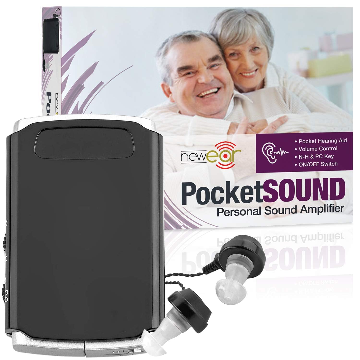 PocketSOUND  
Personal Sound Amplifier  

- Pocket Hearing Aid  
- Volume Control  
- N-H & PC Key  
- ON/OFF Switch  

newear