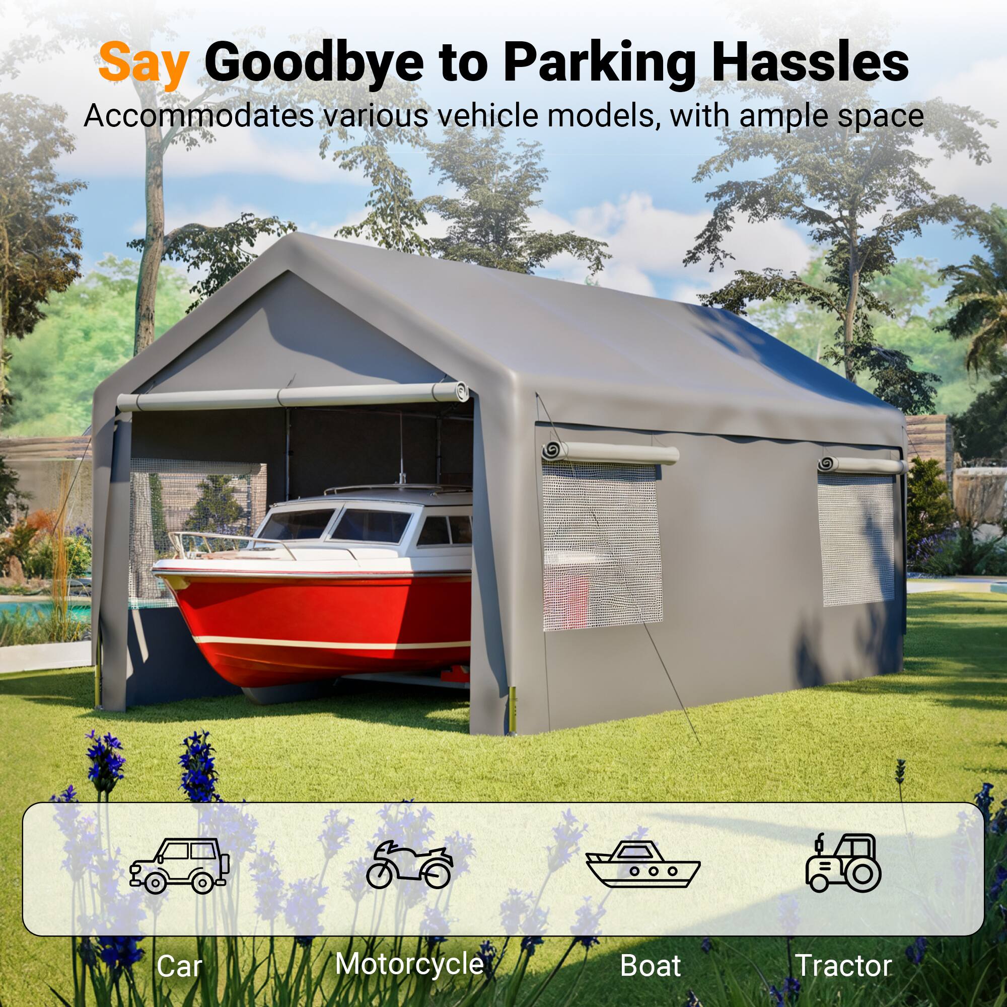 Say Goodbye to Parking Hassles  
Accommodates various vehicle models, with ample space  

- Car  
- Motorcycle  
- Boat  
- Tractor