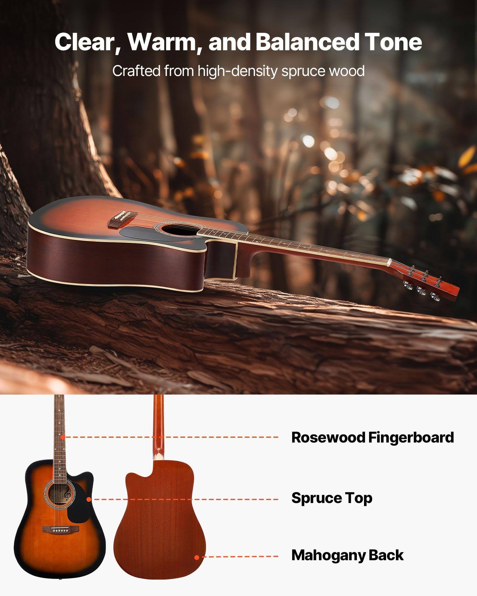 Clear, Warm, and Balanced Tone  
Crafted from high-density spruce wood  

- Rosewood Fingerboard  
- Spruce Top  
- Mahogany Back