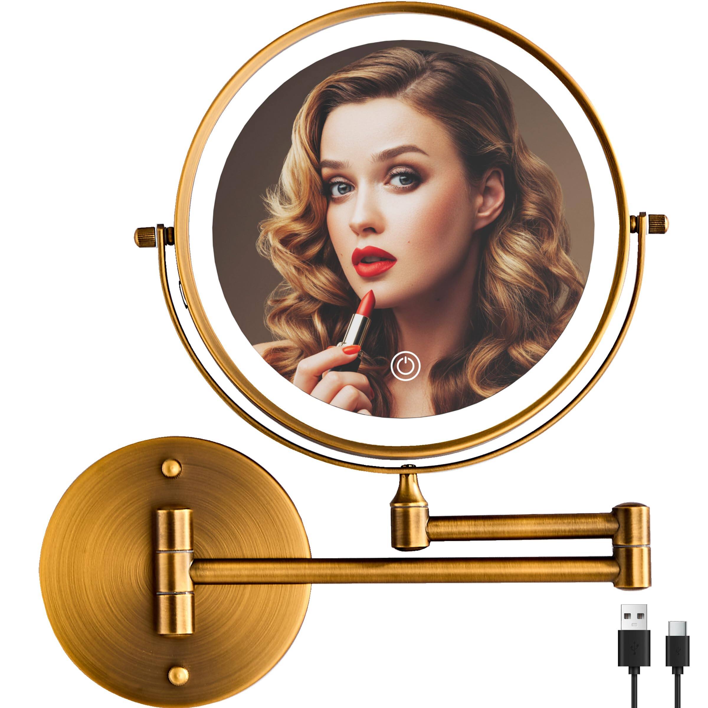 Pacoar Cade - Rechargeable Lighted Makeup Vanity Mirror Inch Double Sided Magnifying Bathroom Color Lighting Touch Screen Rotation - Brass-12.2"L x 11.1"W