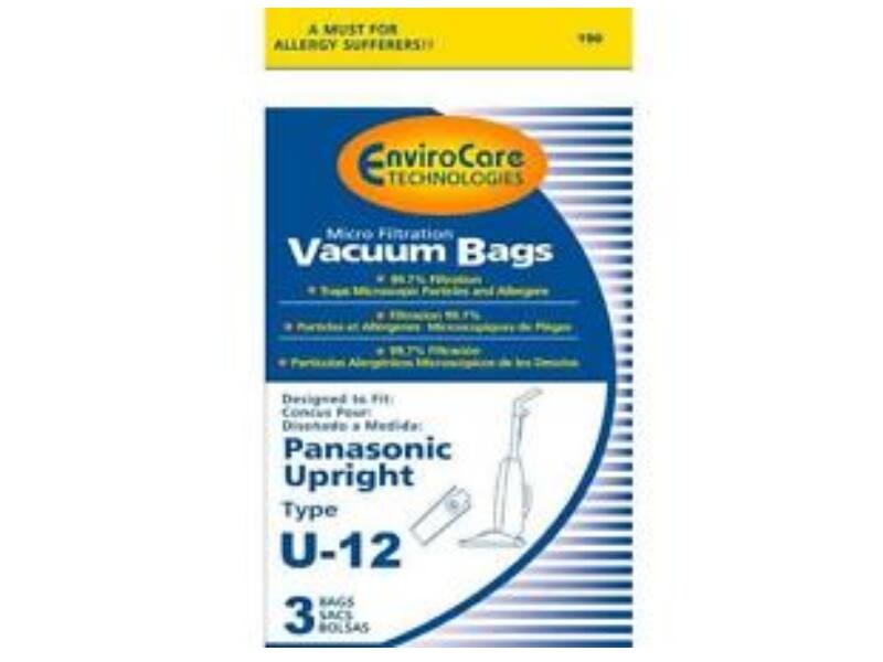 A MUST FOR ALLERGY SUFFERERS!

EnviroCare TECHNOLOGIES
Micro Filtration Vacuum Bags
- 99.7% Filtration
- 3 Layers of Micro Particles and Allergens
- 99.7% Filtration
- Particulates Allergenes de 0.3 Micras

Designed to Fit:
Compatible Pour:
Panasonic Upright Type U-12

3 BAGS / 3 BOLSAS