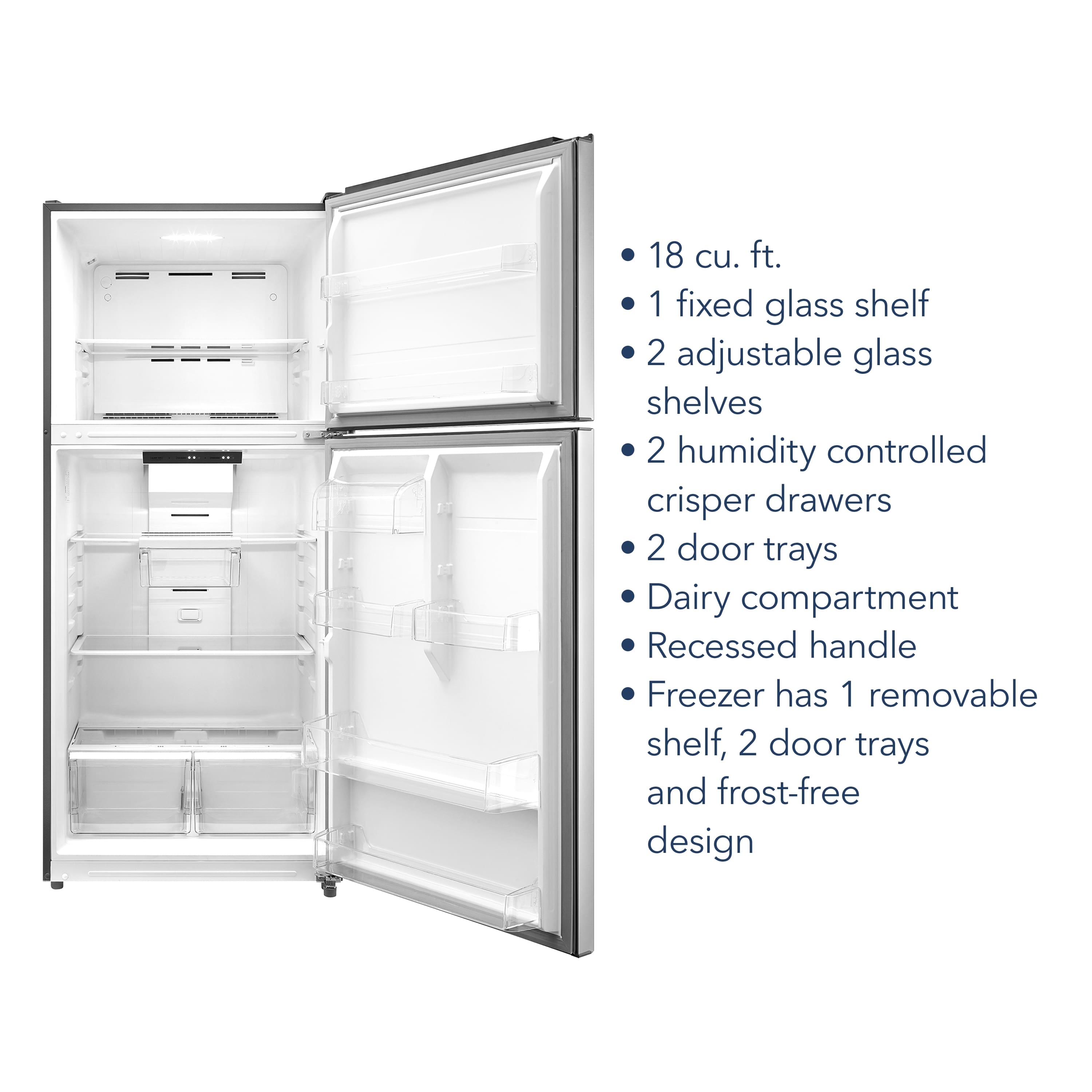 The image features a large refrigerator with a capacity of 18 cu. ft. It has a fixed glass shelf and two adjustable glass shelves for storing food items. The refrigerator also has two humidity-controlled crisper drawers to keep fruits and vegetables fresh. Additionally, there are two door trays for easy access to frequently used items. The refrigerator also has a dairy compartment for keeping dairy products organized. The refrigerator has a recessed handle for easy access and a freezer with a removable shelf and two door trays for added convenience. The freezer is also designed with frost-free technology to maintain optimal performance.