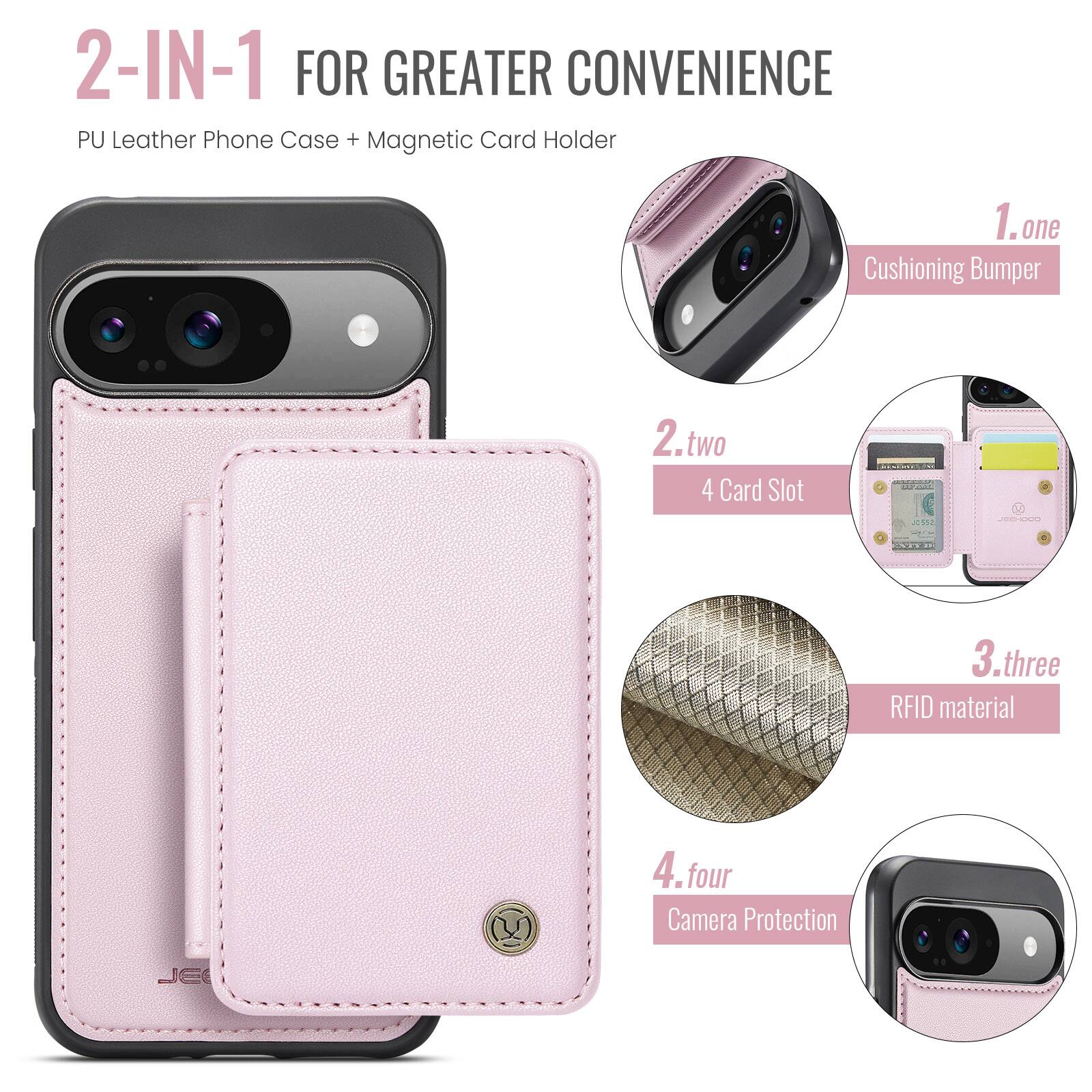 2-IN-1 FOR GREATER CONVENIENCE  
PU Leather Phone Case + Magnetic Card Holder  

1. one  
Cushioning Bumper  

2. two  
4 Card Slot  

3. three  
RFID material  

4. four  
Camera Protection