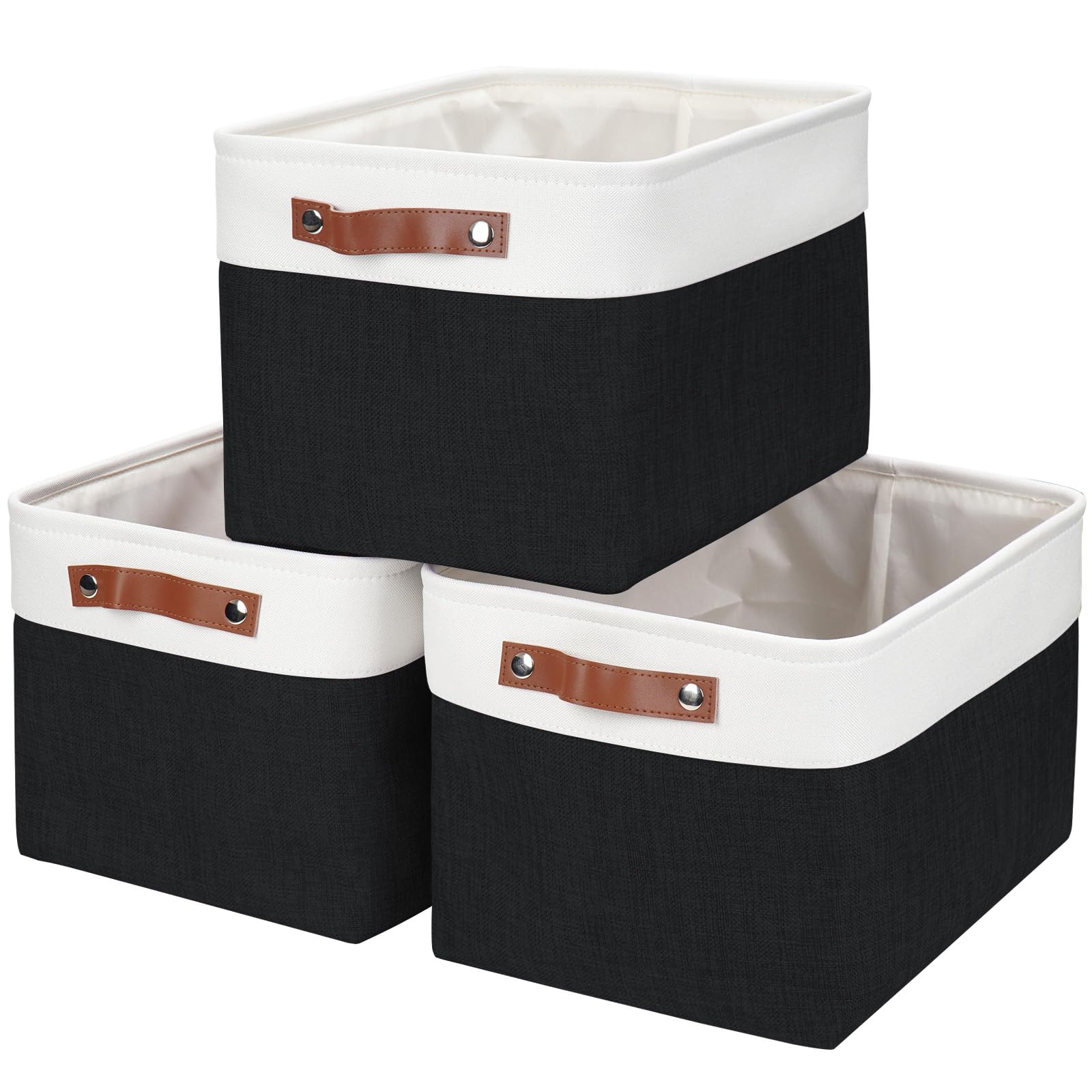 Front. Dapper Styles - Fabric Storage Baskets 50l Bins Decorative Linen Closet With Handles For Organizing Shelf Toys Clothes Home... - Black / Off-White-Cube - 13"x13"x13".