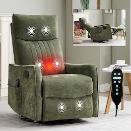 Ropilly - Massage Recliner Swivel Rocker Chair in Chenille Fabric with Lumbar Heat - Antique Green