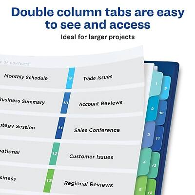Double column tabs are easy to see and access  
Ideal for larger projects  

**TABLE OF CONTENTS**  
1. Monthly Schedule - 9  
2. Trade Issues - 9  
3. Business Summary - 10  
4. Account Reviews - 10  
5. Strategy Session - 11  
6. Sales Conference - 11  
7. National - 12  
8. Customer Issues - 12  
9. Business - 13  
10. Regional Reviews - 13