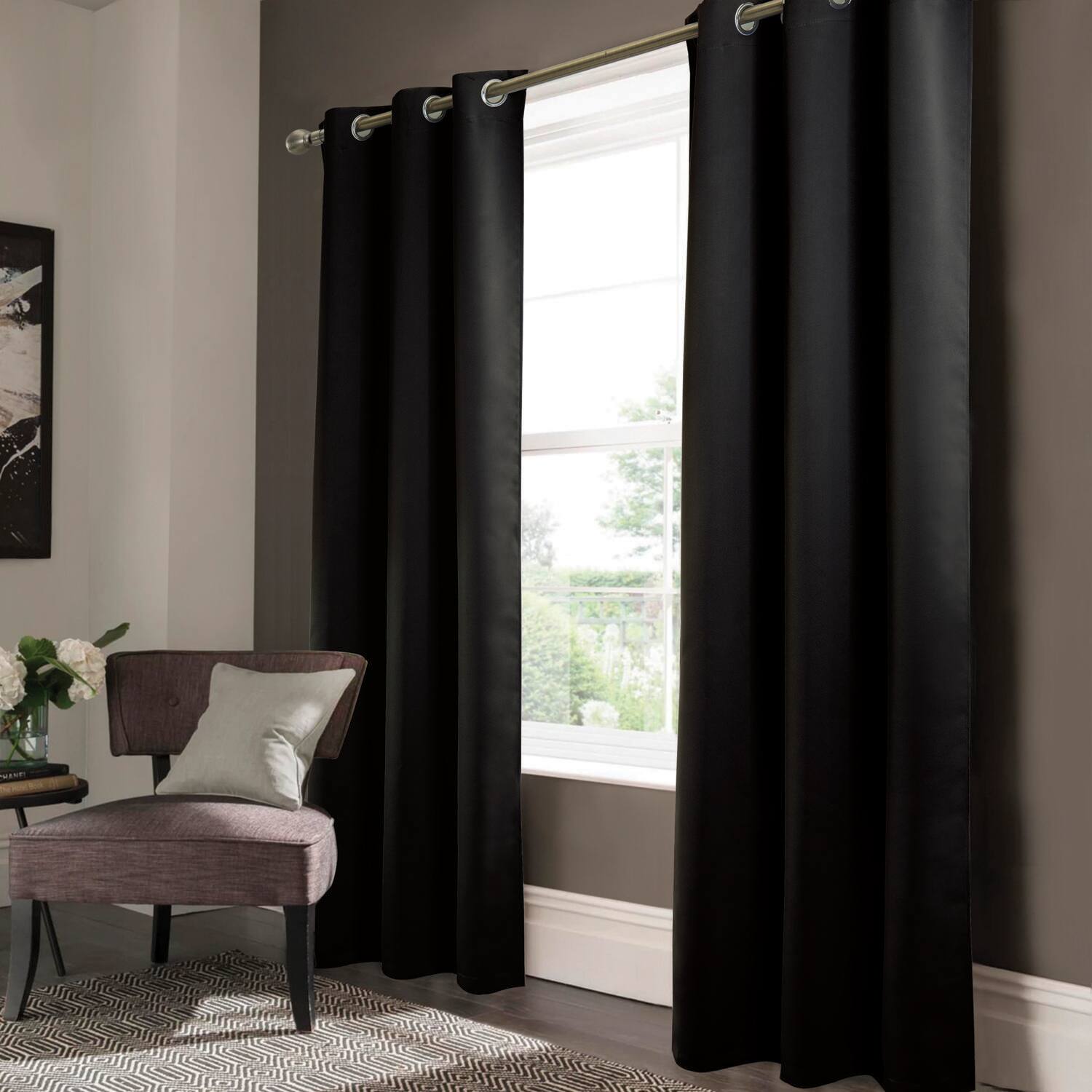 Angle. RT Designers Collection - RT Designer Collection Anchorage 2 Pack Blackout Grommet Luxurious Modern Design Curtain Panel Pair 36" x 84" Black - Black.