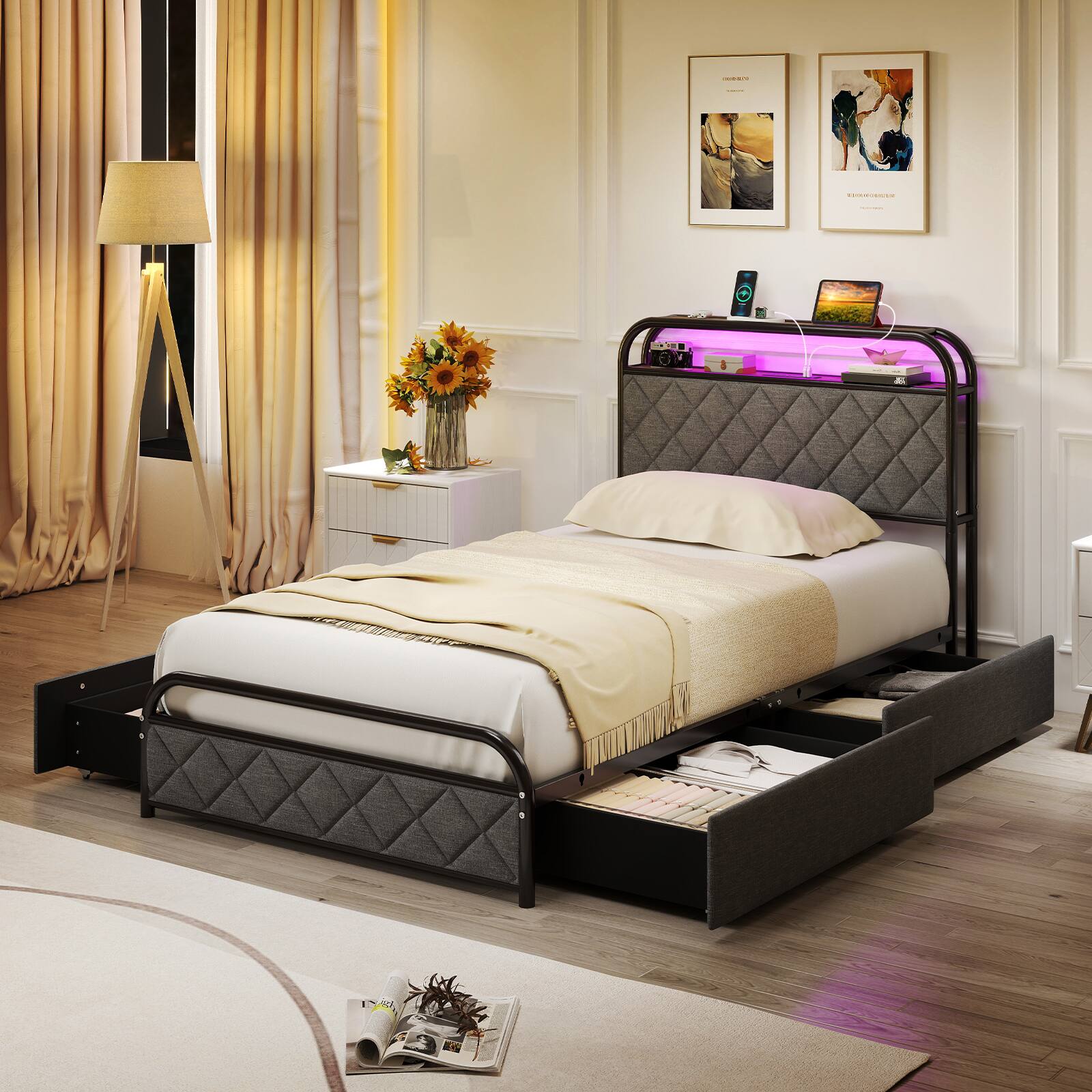 Left. LUCKY ONE - Twin Assembled Platform Bed Frame with LED Lights Charging Station Storage Headboard - Black-Twin.