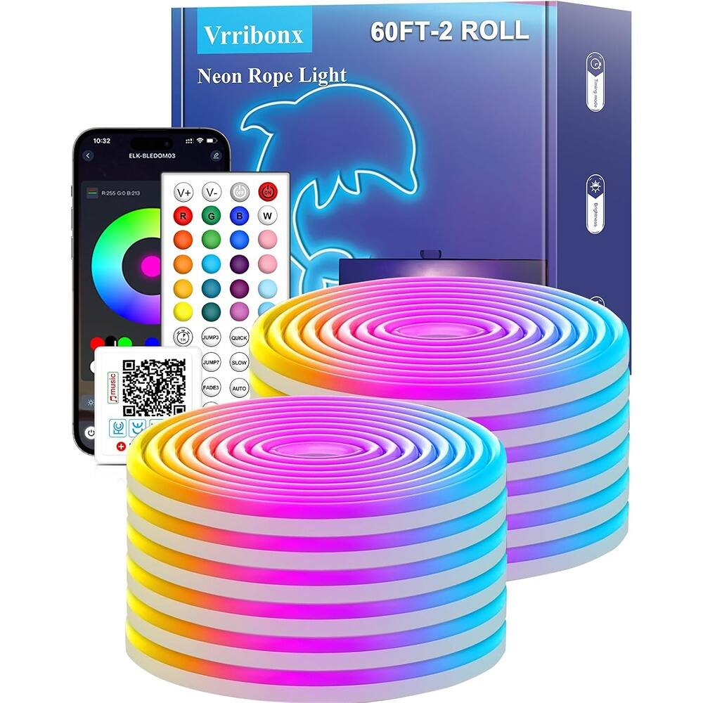 RTMB - 60ft LED Neon Rope Lights – RGB, App & Remote Control, IP65 Waterproof, Music Sync