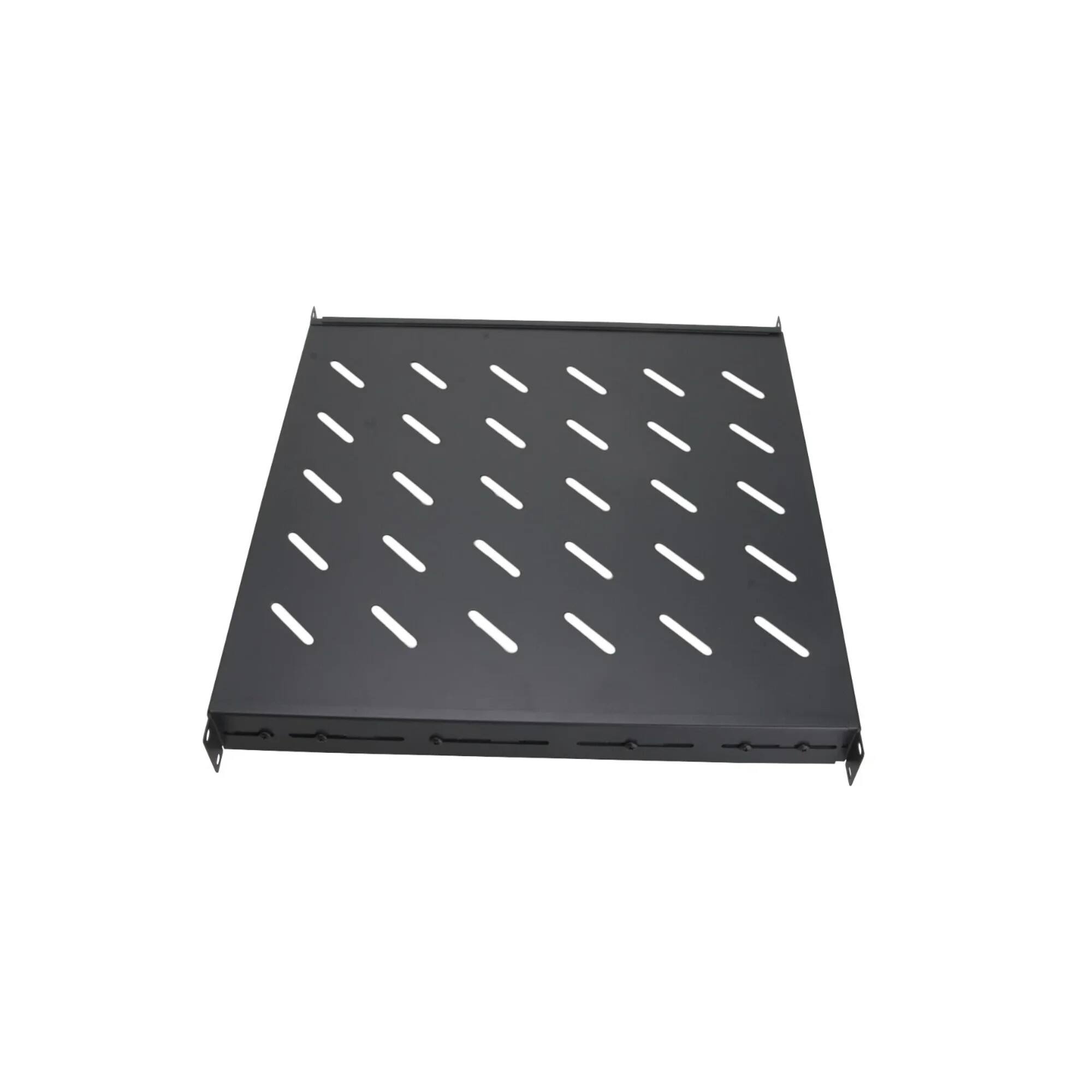 Left. Cables Direct Online - 1U 19” Fixed Server Shelf 4 Post Rack Mount, Adjustable from 18in - 42in, 40 lb Capacity - Black.