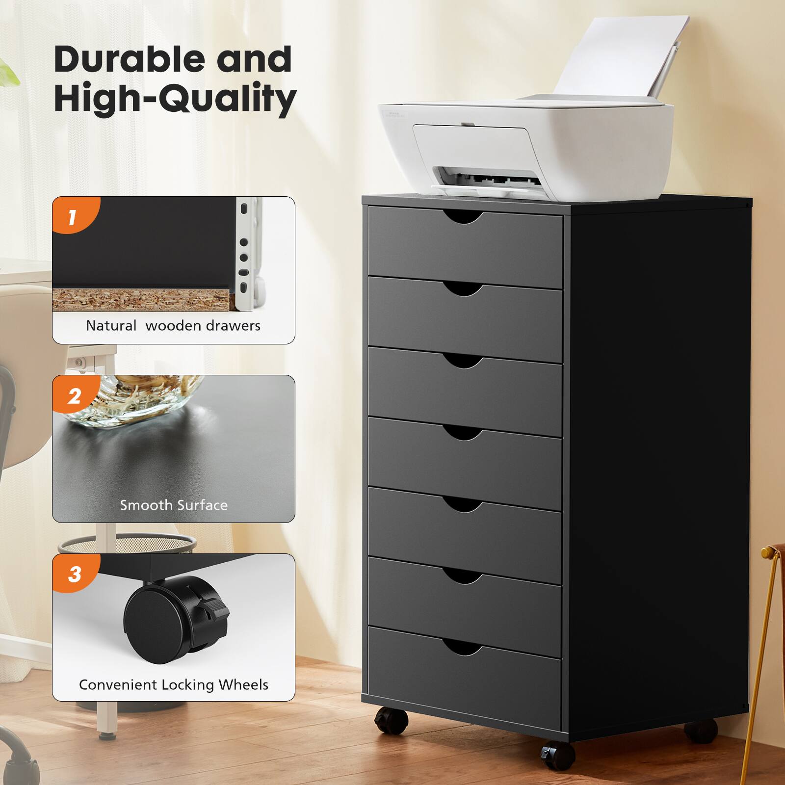 Durable and High-Quality

1. Natural wooden drawers
2. Smooth Surface
3. Convenient Locking Wheels