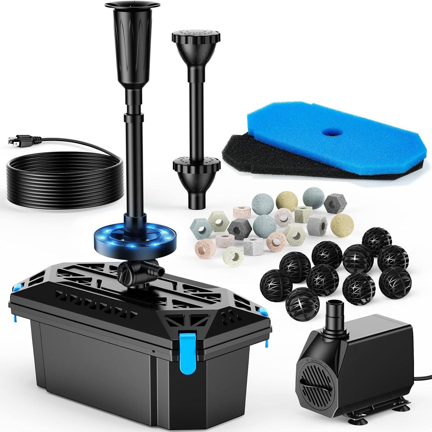 Front. POPOSOAP - POPOSOAP 660 GPH RGB Pond Filter & Fountain Kit with 40W Pump and Auto-Cycle LED Lights for Outdoor Koi Ponds.