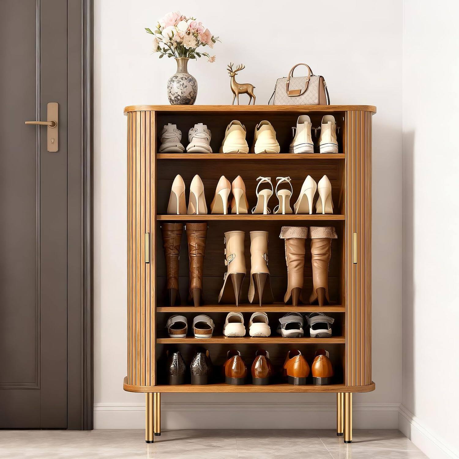 Left. Tiramisubest - 31.5" 6-Tier Shoe Storage Cabinet with Sliding Door & Adjustable Shelves,Mid-Century Freestanding Shoe Storage Organizer - Yellow.