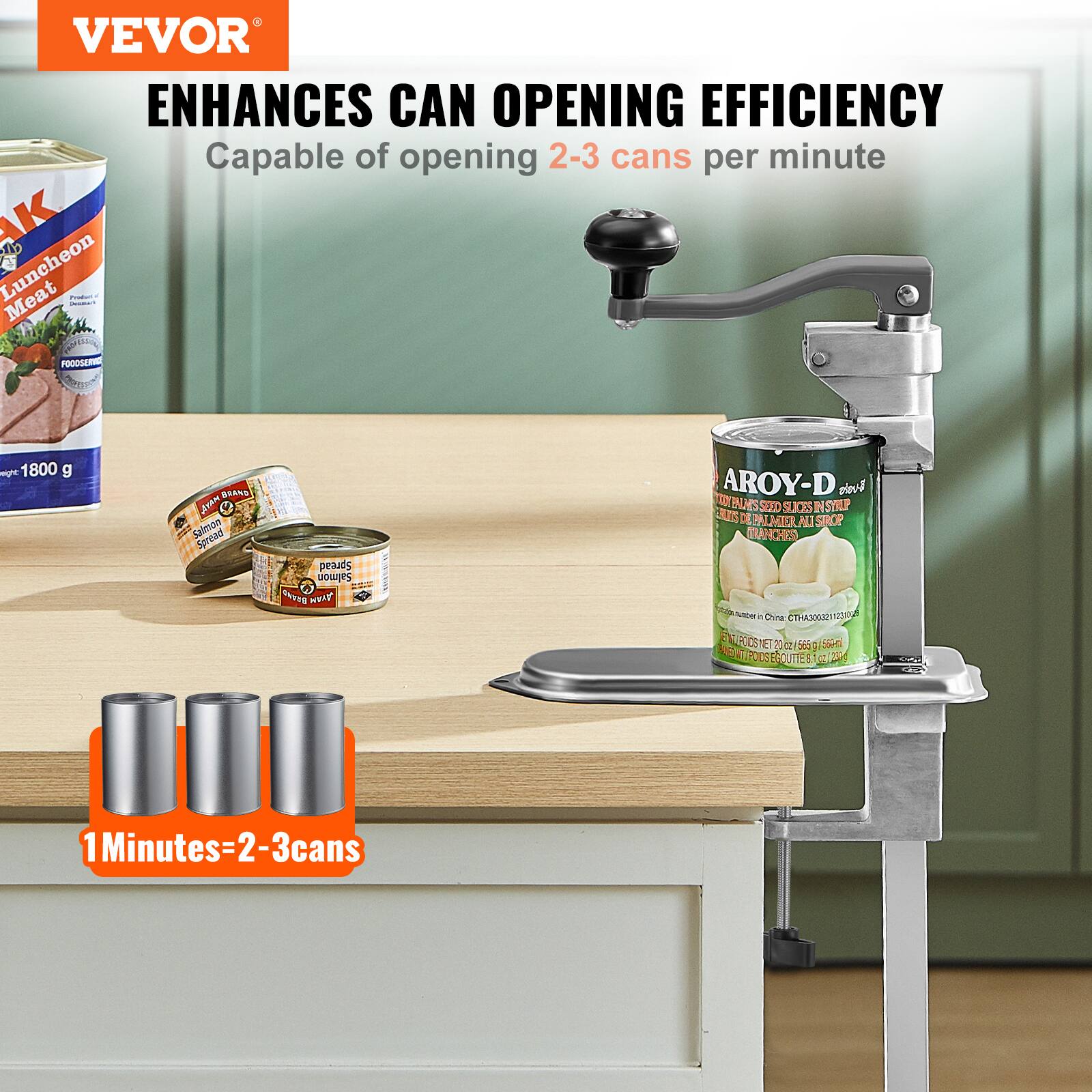 VEVOR ENHANCES CAN OPENING EFFICIENCY  
Capable of opening 2-3 cans per minute  

1 Minutes = 2-3 cans