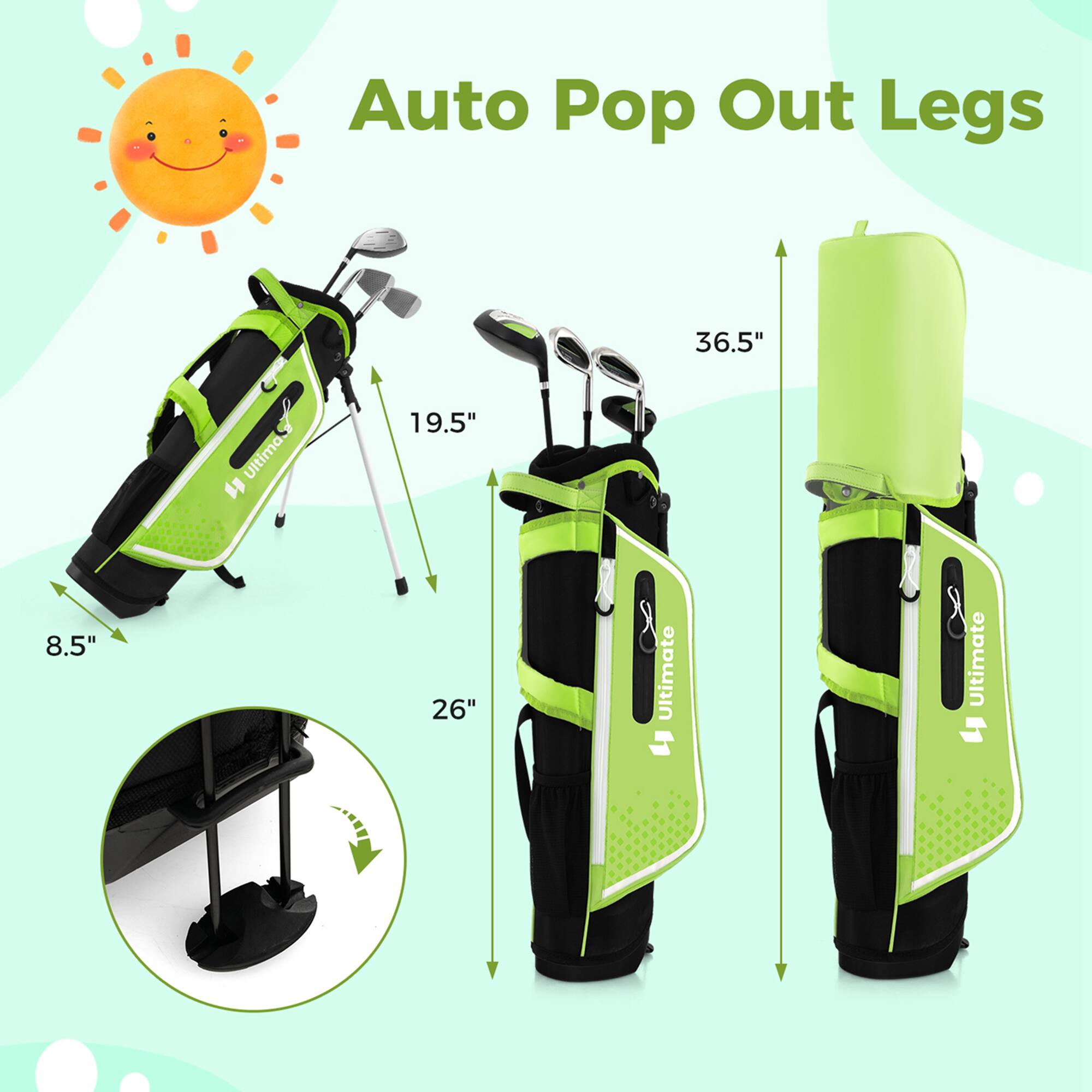 Auto Pop Out Legs

Ultima:
- 36.5"
- 19.5"
- 8.5"
- 26"

Ultimate:
- 36.5"