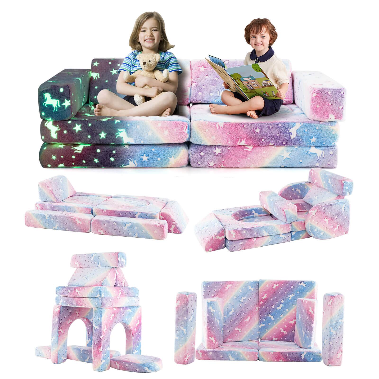 Front. Costway - Costway 10 Pcs Modular Kids Play Couch Sectional Sofa Glow in the Dark Floor Cushion - Multicolor.