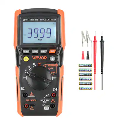 SS103 TRUE RMS INSULATION TESTER
AC 3999 V
AUTO HOLD
RANGE LOCK
TEST
VEVOR
100V
250V
INSULATION 500V
OFF
Alkaline
Alkaline
Alkaline
Alkaline
Alkaline
FC
4 VO
CE
INSULATION CAT III 1000V MAX
COM