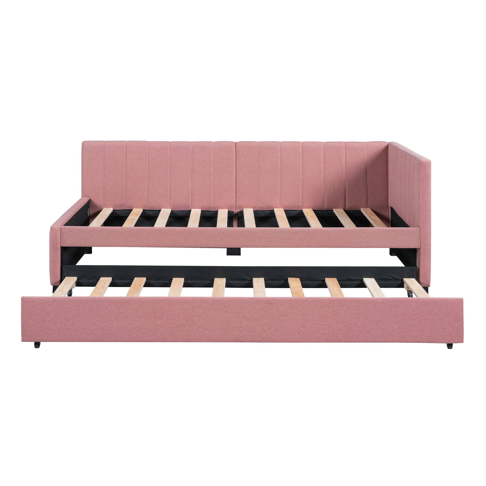 Back. Tiramisubest - Upholstered Daybed with Trundle Twin Size Sofa Bed Frame No Box Spring Needed, Linen Fabric(Pink) - Pink.